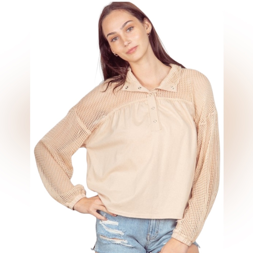 Mocha Tan Oversized Knit Long Sleeve Henely Top